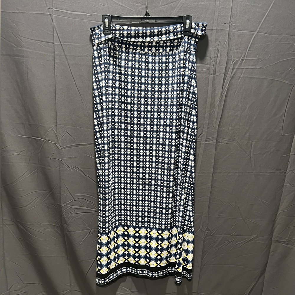 MAX EDITION Bohemian Maxi Skirt Pull-On Fold Over Rayon Blend Blue White Size L